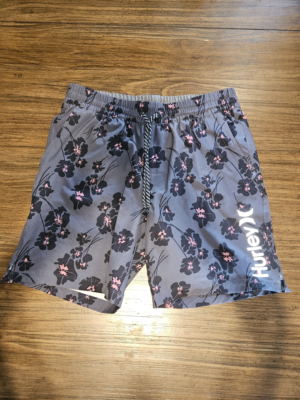 Hurley Gray Board Shorts with Black & Pink Floral Pattern